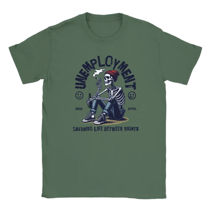 T-shirt featuring a seated skeleton in a cap holding a can beside the word Unemployment.