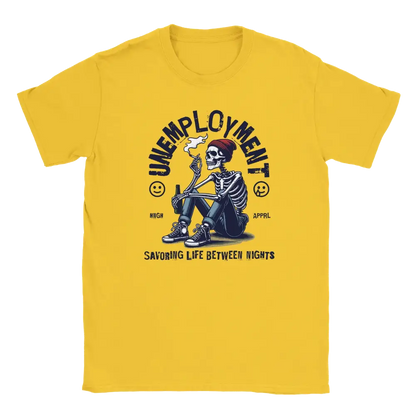 T-shirt featuring a seated skeleton in a cap holding a can beside the word Unemployment.