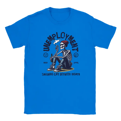 T-shirt featuring a seated skeleton in a cap holding a can beside the word Unemployment.