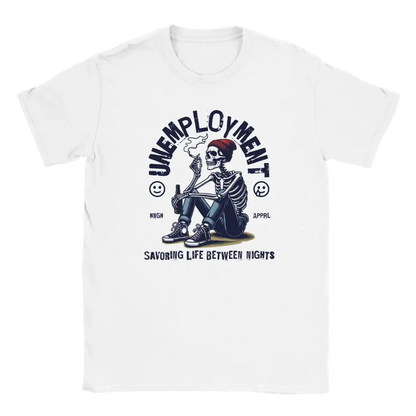 White T-shirt featuring a seated skeleton in a cap holding a can beside the word Unemployment.