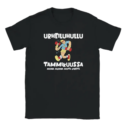 Black T-shirt featuring an exercising character beside a Finnish joke about being a fitness fanatic in January.