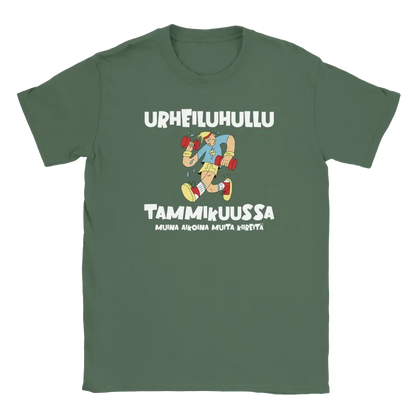 Green T-shirt featuring an exercising character beside a Finnish joke about being a fitness fanatic in January.