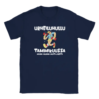 Navy blue T-shirt featuring an exercising character beside a Finnish joke about being a fitness fanatic in January.