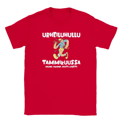 Red T-shirt featuring an exercising character beside a Finnish joke about being a fitness fanatic in January.
