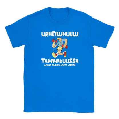 Blue T-shirt featuring an exercising character beside a Finnish joke about being a fitness fanatic in January.