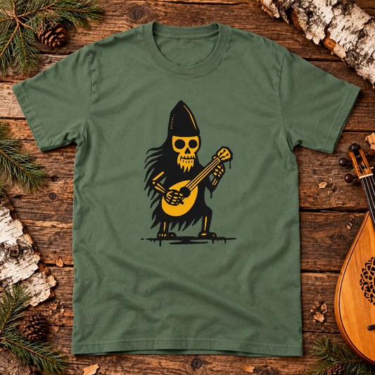 Military green Väinämöinen skeleton print T-shirt on a rustic cabin table with birch bark, pine sprigs and a string instrument.