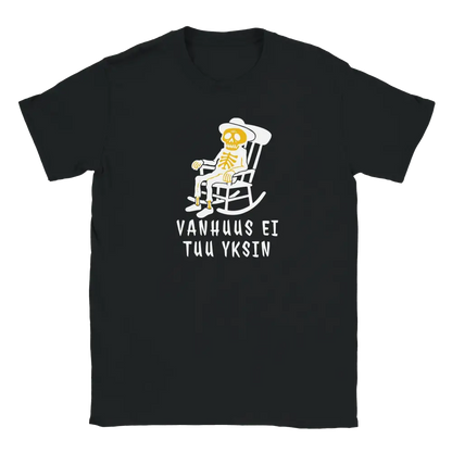 Musta T-paita Vanhuus Ei Tuu Yksin - T-paita, luurankokuva nojatuolissa design