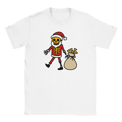 Valkoinen crew-neck T-paita Viimeinen Joulu - T-paita, skeletona Santa-hahmossa kantamassa luukkoa