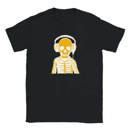 Mustat T-paita jossa keltainen luuranko ja kuulokkeet Viimeinen Kappale T-paita