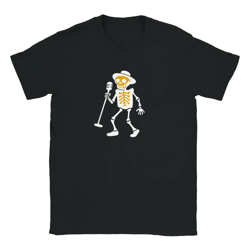 Mustavalkoinen T-paita Skeletonilla hatissa ja mikrofonilla Viimeinen Laulu design