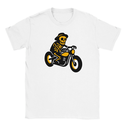Valkoinen lyhythihainen T-paita Skeleton riding motorcycle grafiikalla Viimeinen Matka