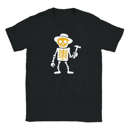 Black T-shirt featuring a skeleton holding a hammer.