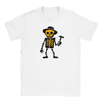 White T-shirt featuring a skeleton holding a hammer.