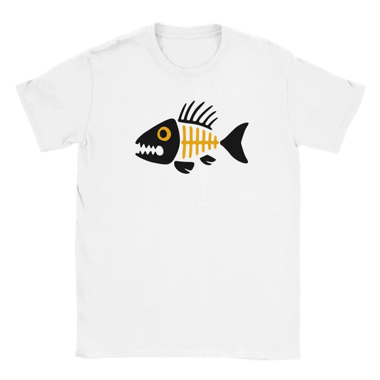 Valkoinen T-paita cartoon-kalanselkäkuvalla Viimeinen saalis - T-paita tuotteessa