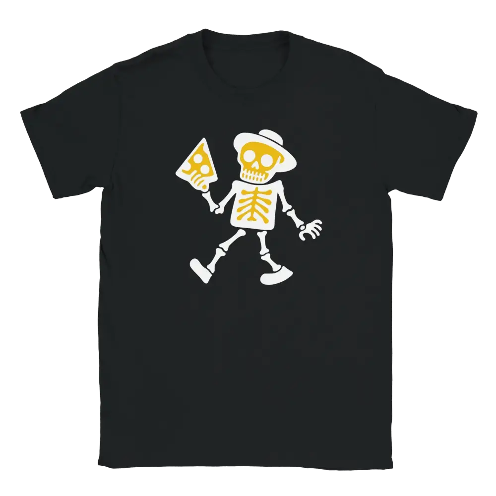 Mustat T-paita Skeletonin ja pizzan kanssa Viimeinen Siivu - T-paita