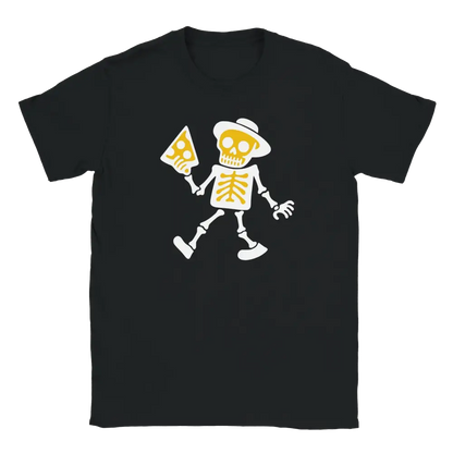 Mustat T-paita Skeletonin ja pizzan kanssa Viimeinen Siivu - T-paita