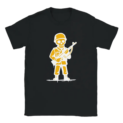 Mustat T-paita keltainen luurankosotilas grafiikalla Viimeinen Sotilas tuotemerkki