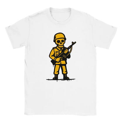 Valkoinen lyhythihainen T-paita Yellow Skeleton Soldier grafiikalla Viimeinen Sotilas