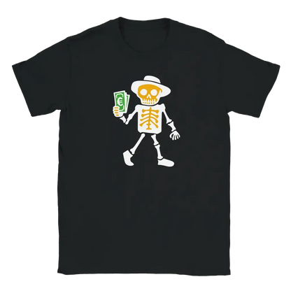 Mustavalkoinen Viimeiset Rahat T-paita skeletonilla hatissa ja rahaa kädessään