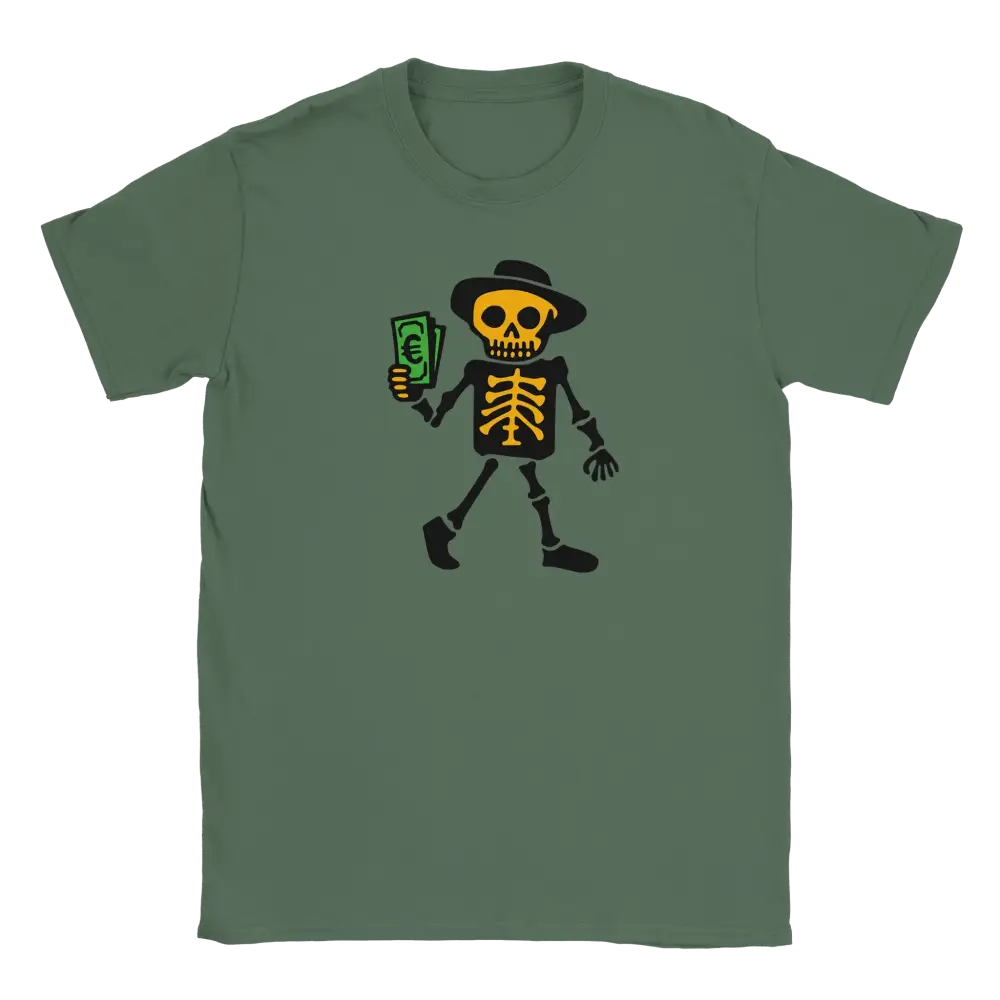 Green T-shirt featuring a skeleton holding green banknotes.