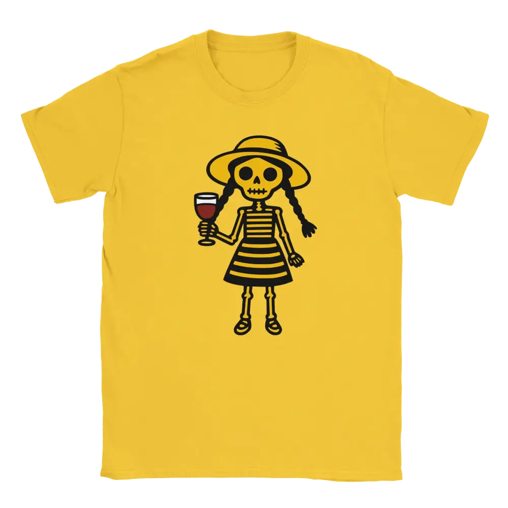 Yellow women's T-shirt featuring a skeleton lady in a hat and striped dress holding a wine glass.
