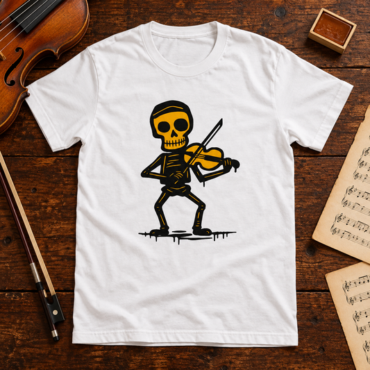 White Viulisti skeleton violinist T-shirt on a wooden table with a violin, bow, rosin and sheet music.