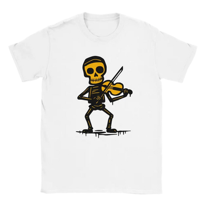 Valkoinen T-paita Skeletoni soittaa viulua grafiikalla Viulisti - T-paita