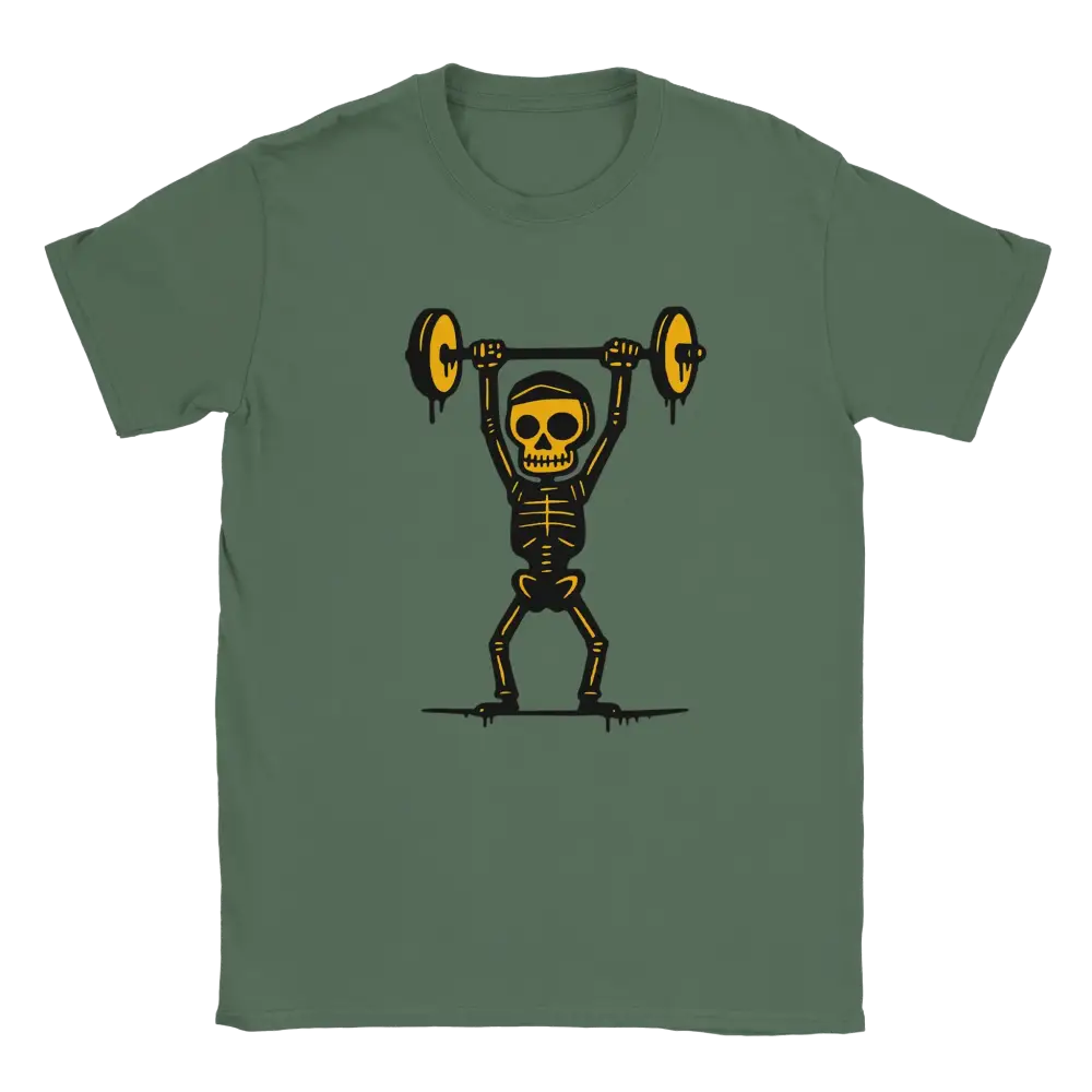 Green T-shirt featuring a skeleton lifting a barbell overhead.