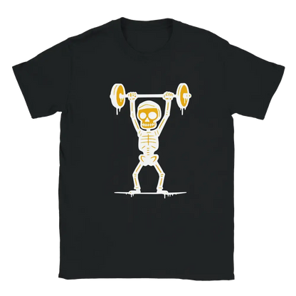 Voimamies T-paita mustavalkoinen lyhythihainen skeletonin nostoharjoittelutyyli