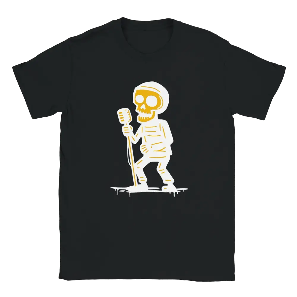 Vokalisti T-paita mustavalkoinen lyhythihainen T-paita luurankokoristeella ja mikrofonilla