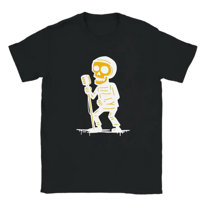 Vokalisti T-paita mustavalkoinen lyhythihainen T-paita luurankokoristeella ja mikrofonilla