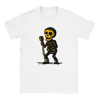 Vokalisti T-paita valkoinen lyhythihainen crewneck-kappale skeleton mikrofoni grafiikalla