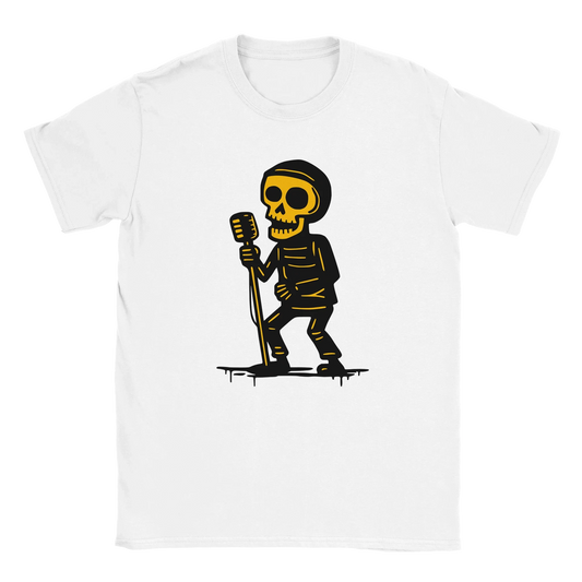 Vokalisti T-paita valkoinen lyhythihainen crewneck-kappale skeleton mikrofoni grafiikalla