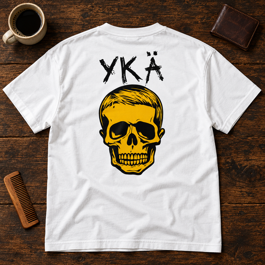 Themed flat-lay photograph of YKÄ - T-paita (kuva selässä) with accessories related to its printed design.