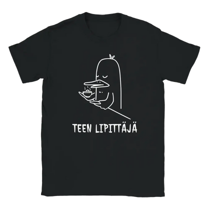Musta t-paita, jonka printissä teekuppia pitelevä ankka ja TEEN LIPITTÄJÄ -teksti.